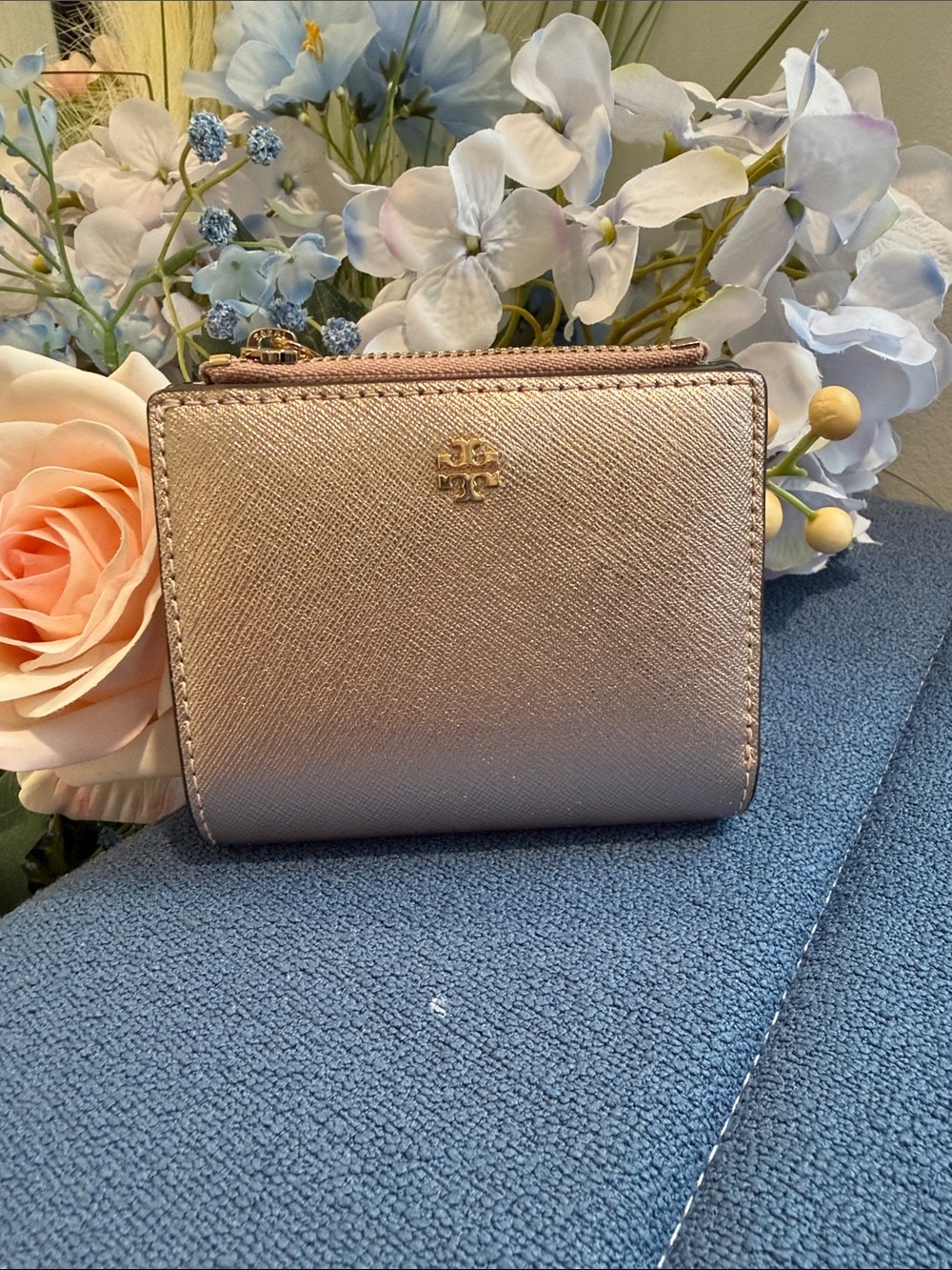 Tory Burch Metallic Rose Gold Compact Zip Wallet